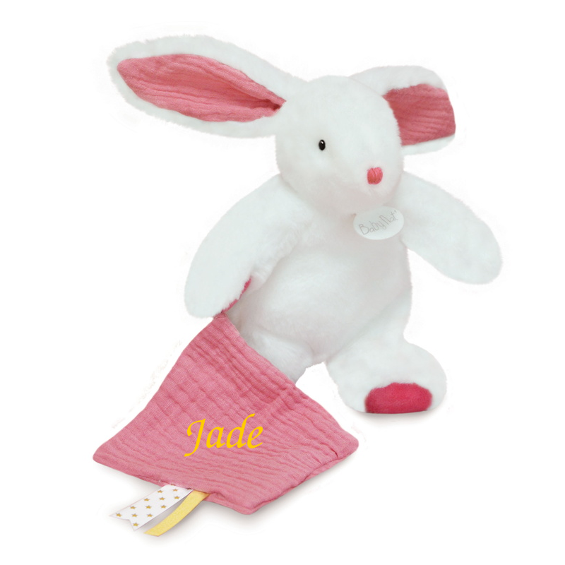  - lapin câlins - peluche avec rose litchi blanc 25 cm 